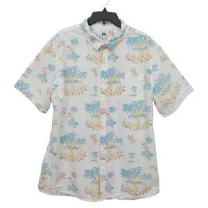 Quiksilver Regular Fit Shirt Mens XL White Palms Print Short Sleeve Button Up